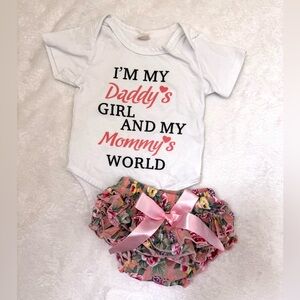 White Baby Bodysuit and Pink Floral Ruffle Bloomer Set